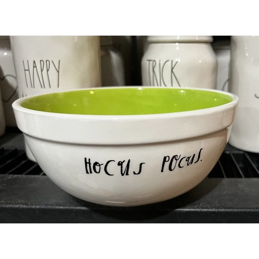 Rae Dunn Hocus Pocus Halloween Ceramic Candy Mixing Bowl Black Cat Witch Hat Leg